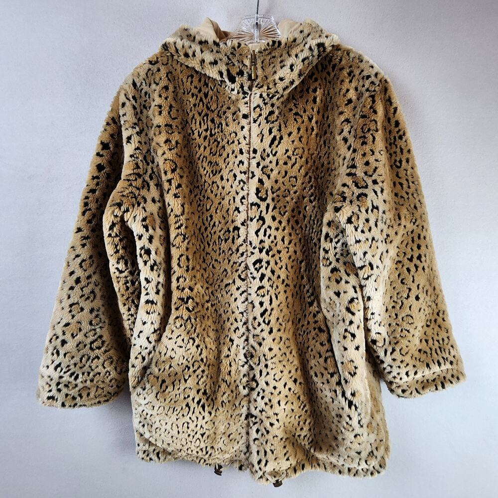 Gallery Leopard Print Faux Fur Coat Women XS Zip Front Plush Animal Print Jacket